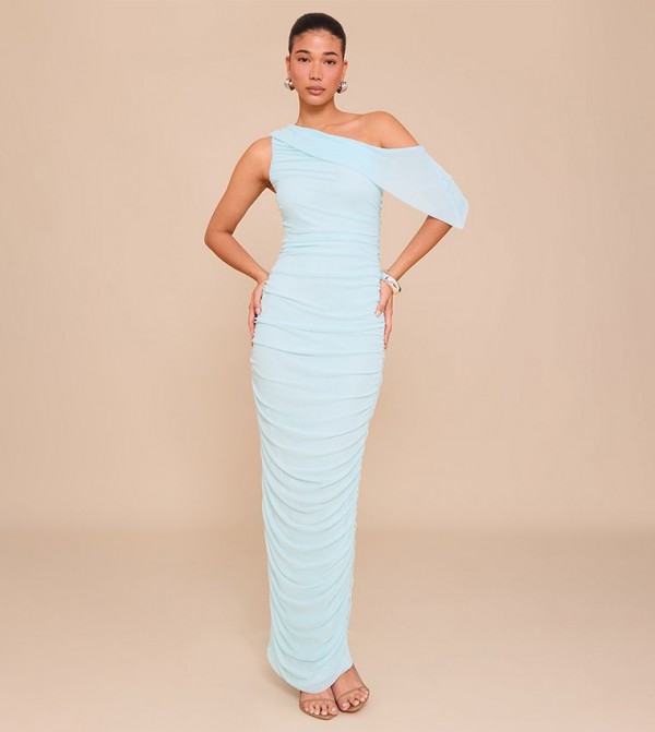 Mesh Overlay One Shoulder Ruched Maxi Dress