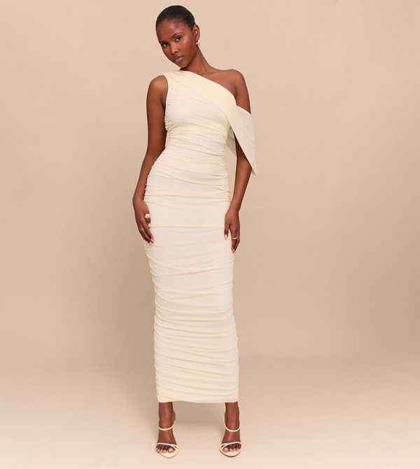 Mesh Overlay One Shoulder Ruched Maxi Dress