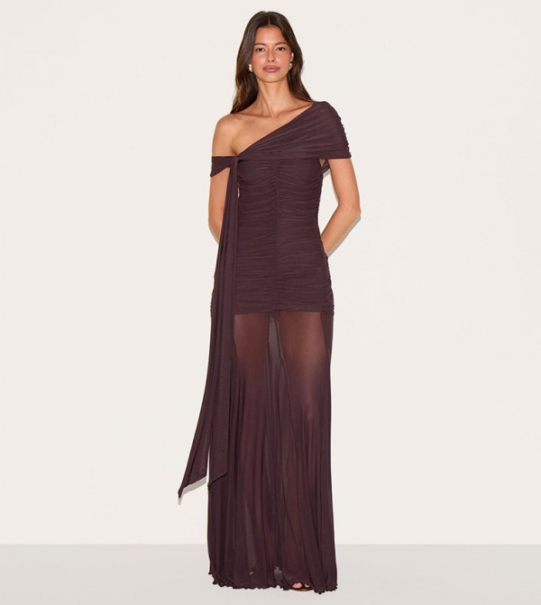 Lined Mesh Bardot Maxi Dress