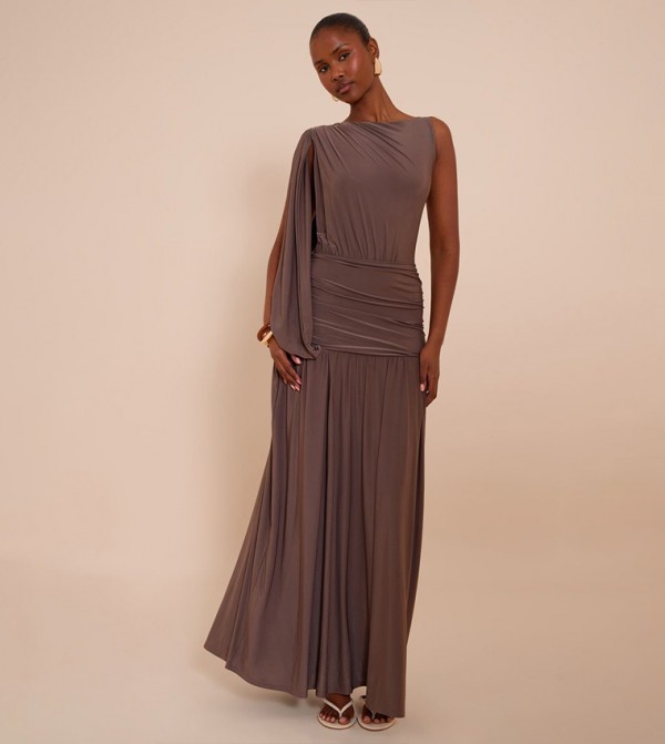 Double Layer Slinky Ruched One Shoulder Maxi Dress