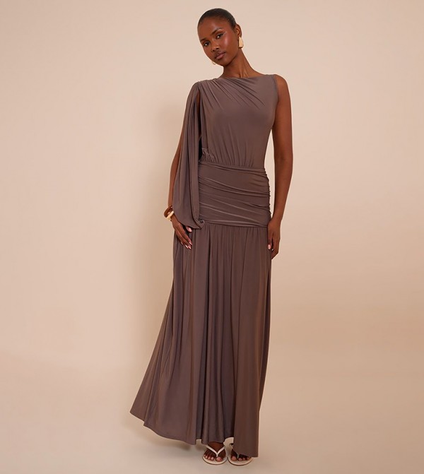Double Layer Slinky Ruched One Shoulder Maxi Dress