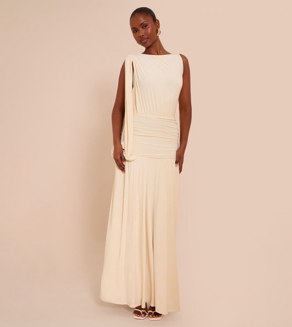 Double Layer Slinky Ruched One Shoulder Maxi Dress