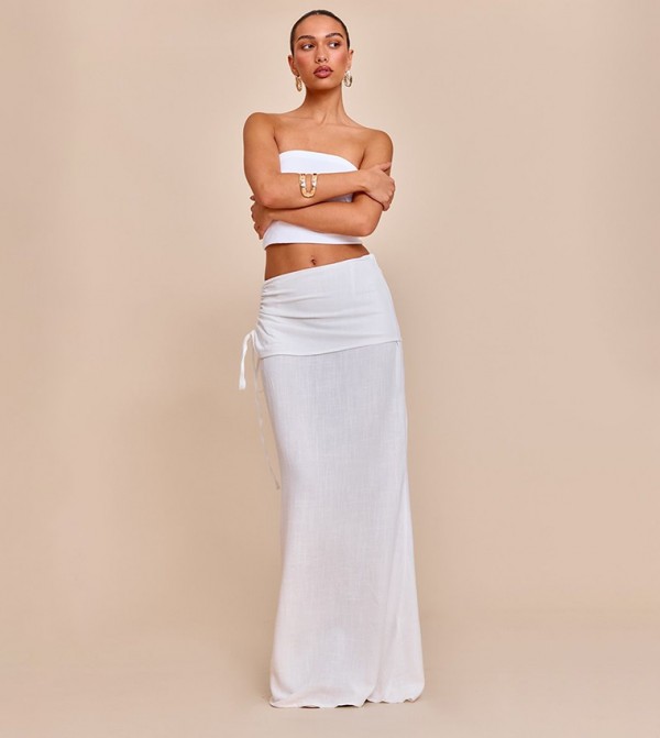Linen Look Ruched Waist Maxi Skirt