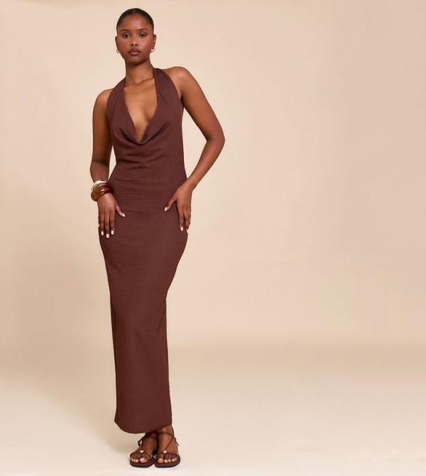 Textured Halterneck Low Back Sleeveless Maxi Dress