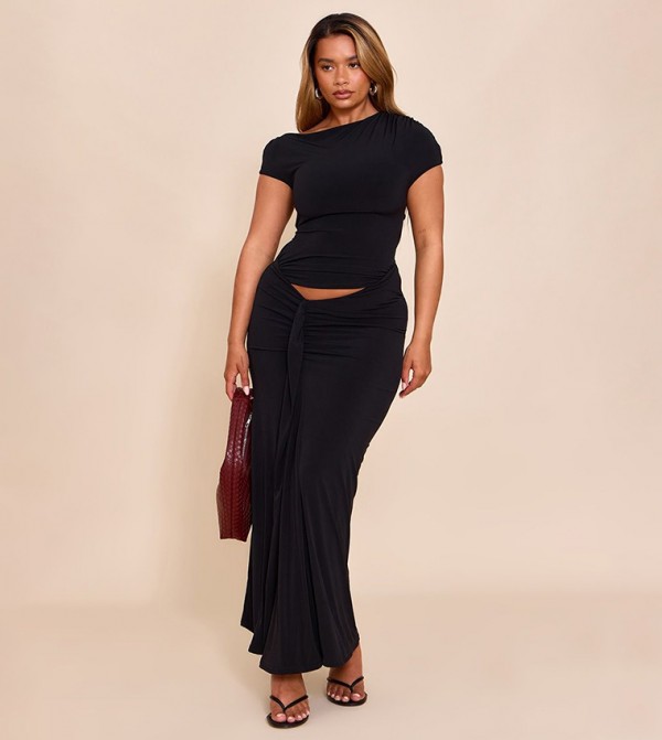 Shape Off Shoulder Lace Up Back Drape Detail Maxi Dress