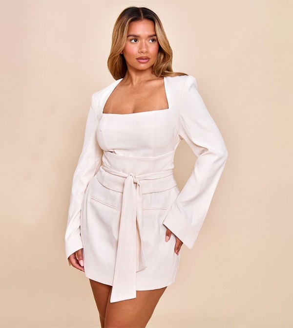 Belted Flared Sleeves Tailored Mini Dress