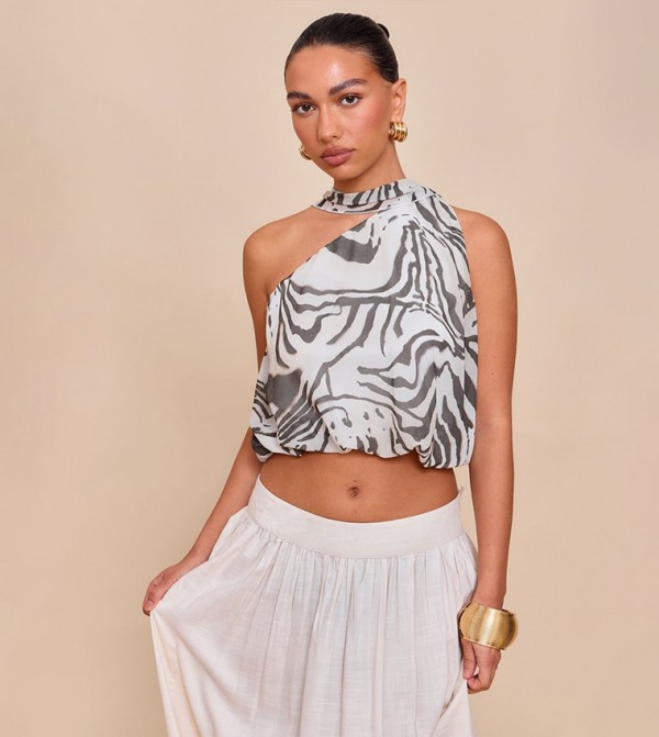 Zebra Print Chiffon Scarf Detail Puffball Crop Top