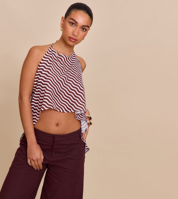 Striped Chiffon Halterneck Floaty Crop Top