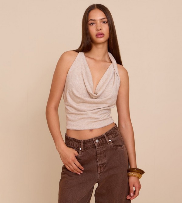 Textured Stretch Cowl Neck Crop Top