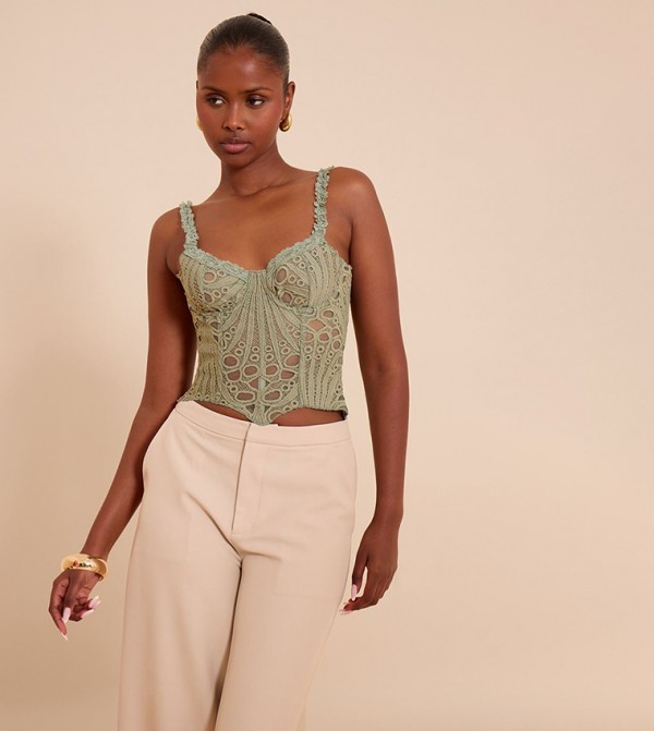 Strappy Textured Sheer Floral Lace Corset Top