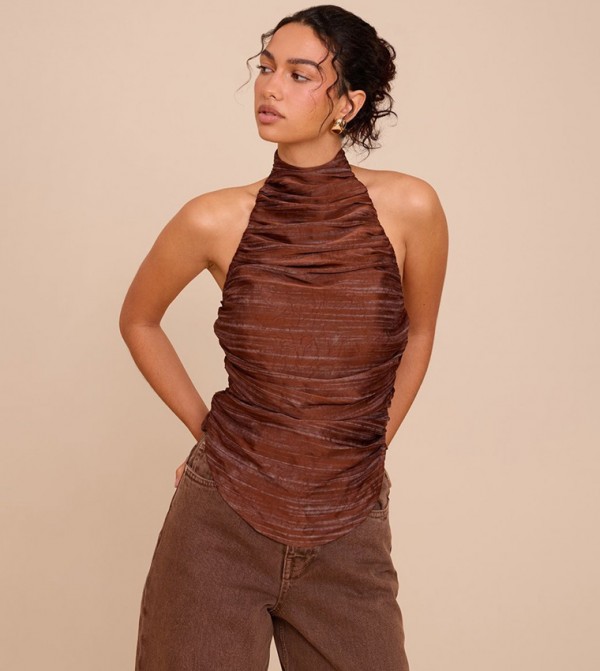 Patterned Satin Ruched Halterneck Top