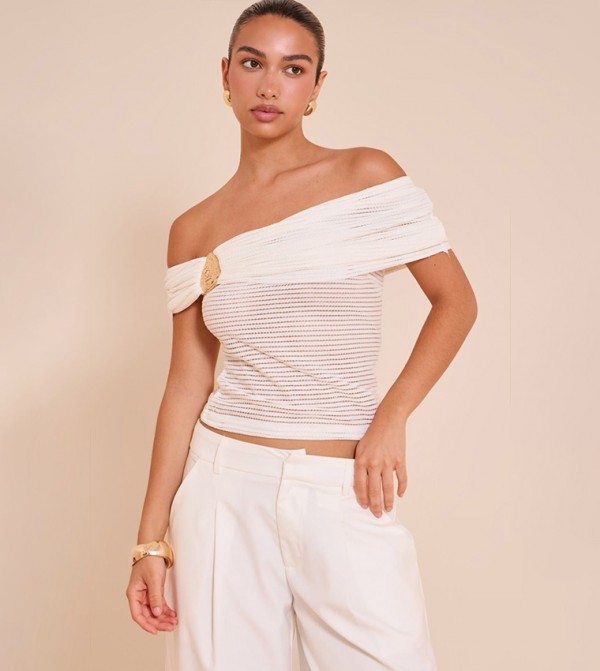 Textured Trim Detail Bardot Crop Top