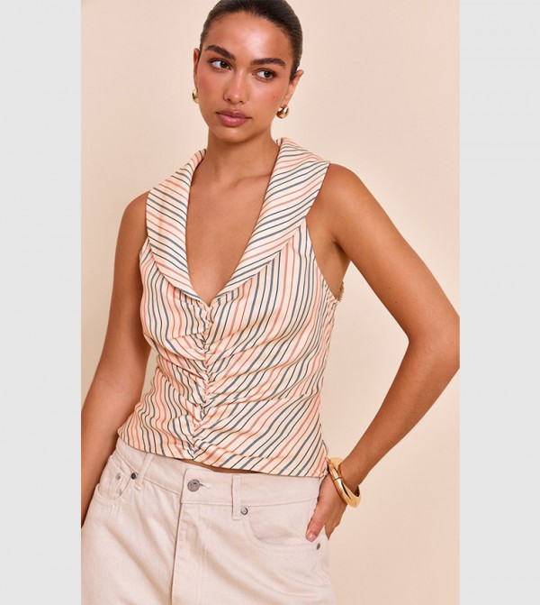Striped Ruched Plunge Front Sleeveless Top