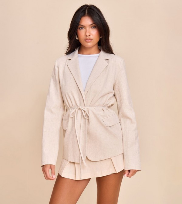 Tie Waist Linen Look Long Sleeves Blazer
