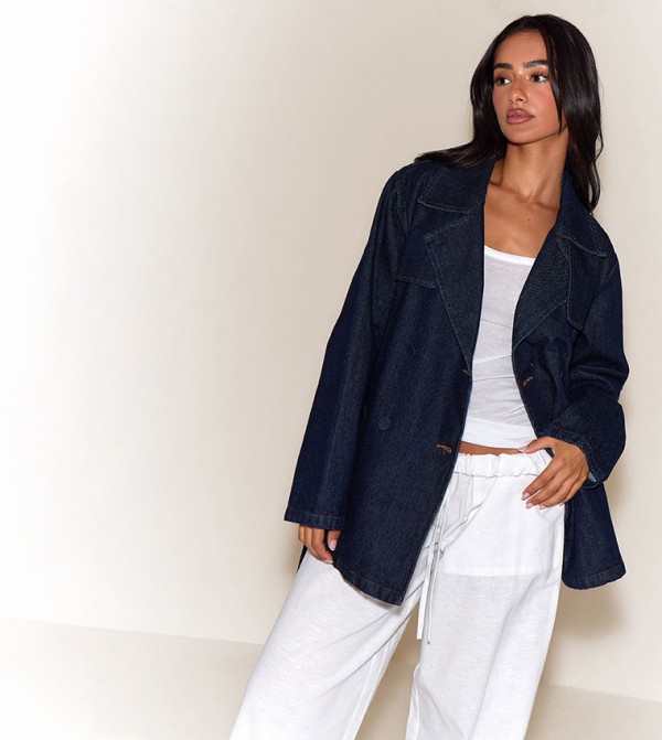 جاكيت جينز قصير بحزام للمقاسات الصغيرة 