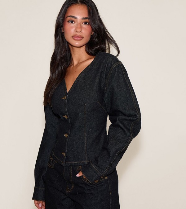Petite Gold Button Up Cocoon Sleeves Denim Jacket