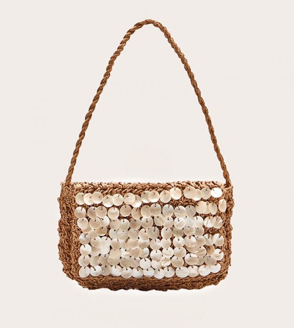 Shell Detail Raffia Shoulder Bag