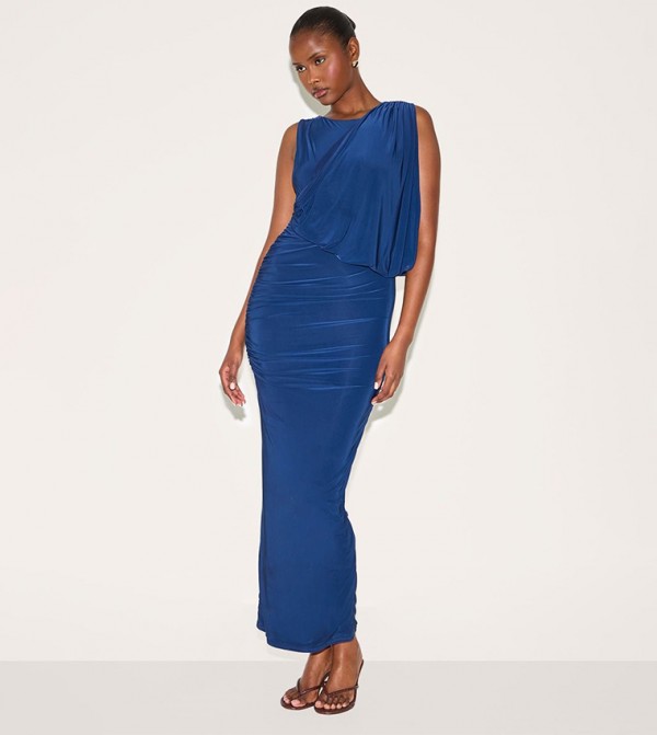 Double Layer Slinky Drape Ruched Maxi Dress