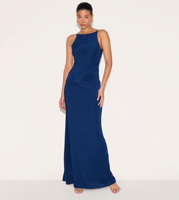 Double Layer Slinky Twited Front Halter Neck Maxi Dress