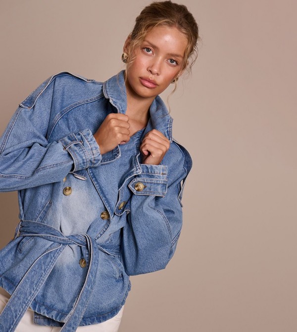 Washed Belted Cropped Button Detail Denim Coat