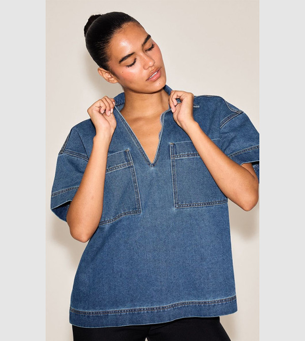 Boxy Pocket Detail Short Sleeves Denim Rugby Shirt