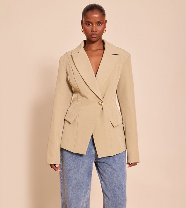 Cinch Waist Lapel Point Detail Blazer