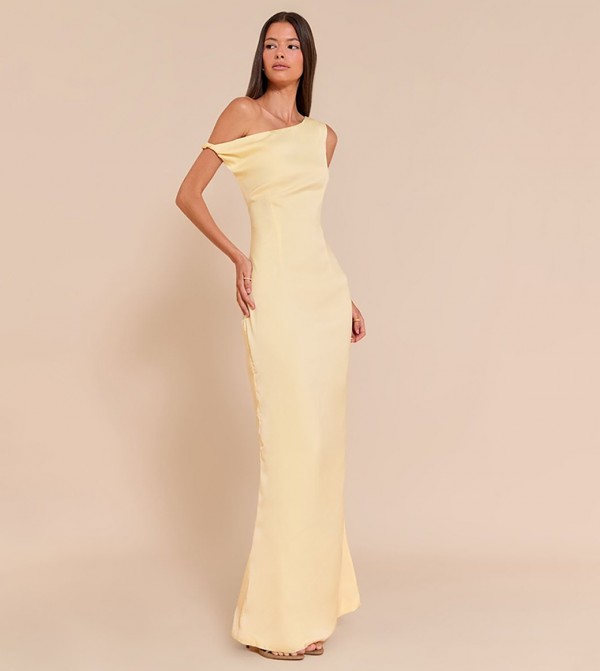Satin Asymmetric Shoulder Twist Maxi Dress