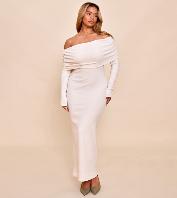Curve Ribbed Bardot Long Sleeves Maxi Dress