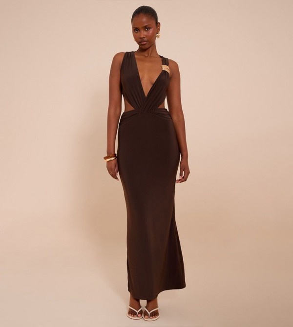 Double Layer Slinky Plunge Cut-Out Maxi Dress