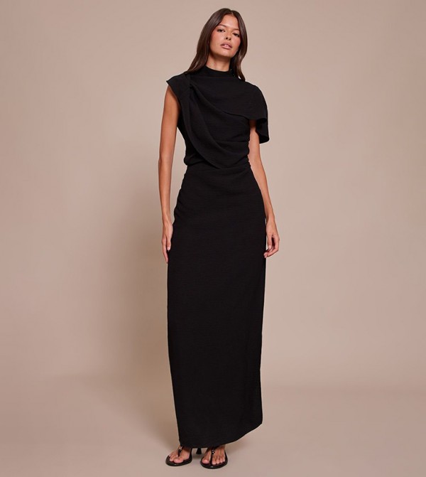 Textured High Neck Pleated Maxi Dress