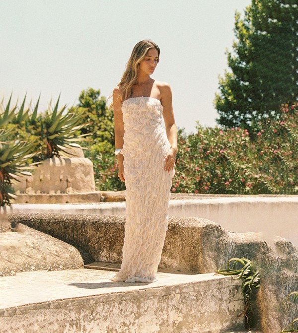 Textured Lined Strapless Maxi Dress