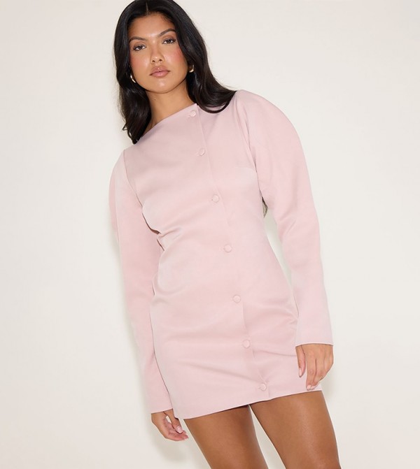 Woven Slash Neck Button Detail Mini Dress