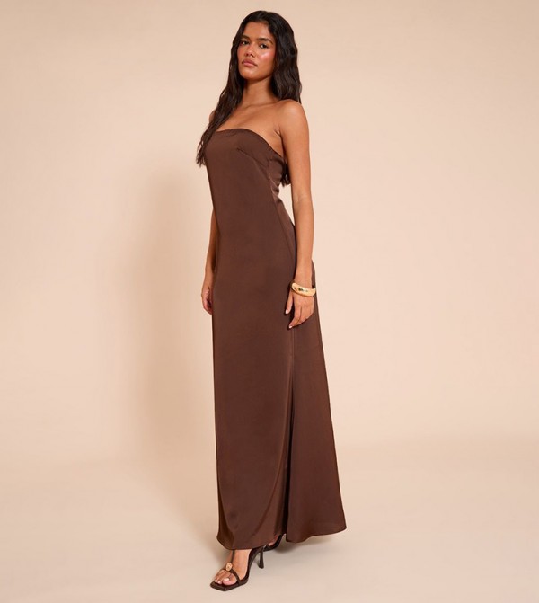 Solid Satin Strapless Maxi Dress