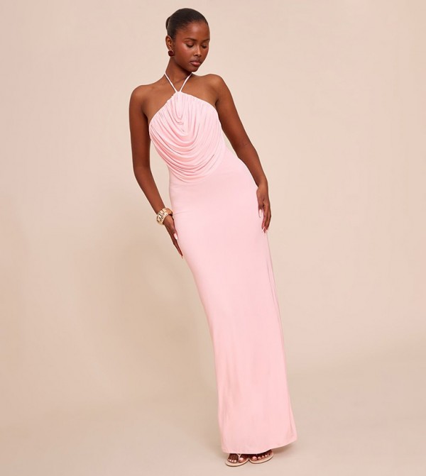 Slinky Halterneck Draped Detail Maxi Dress