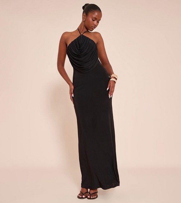 Slinky Halterneck Draped Detail Maxi Dress