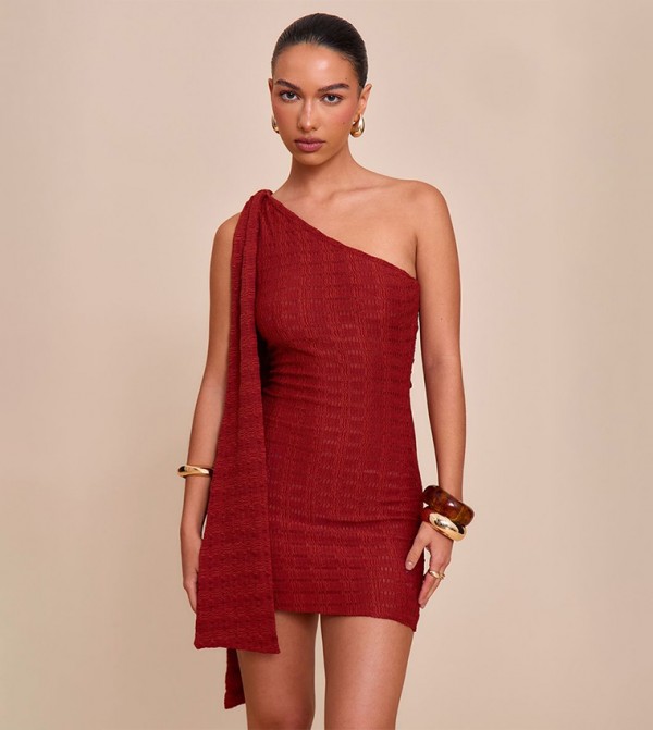 Textured One Shoulder Drape Detail Bodycon Dress