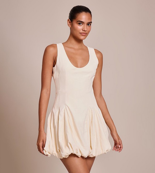 Textured Scoop Neck Puffball Mini Dress