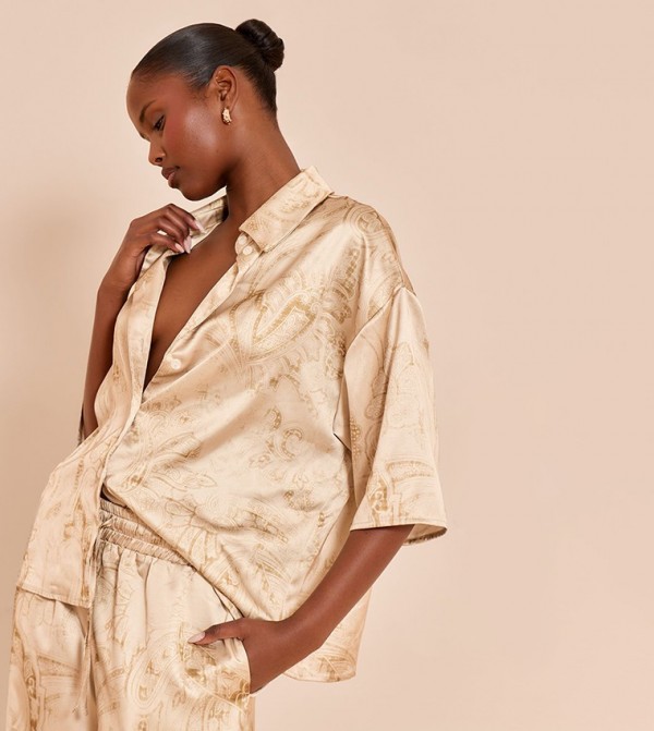 Chartreuse Paisley Printed Satin Oversized Shirt
