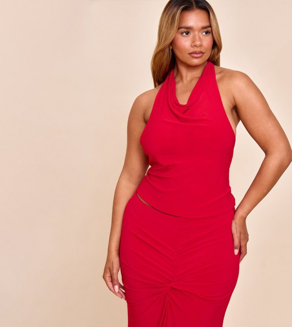 Shape Halterneck Tie Back Gold Trim Cowl Crop Top