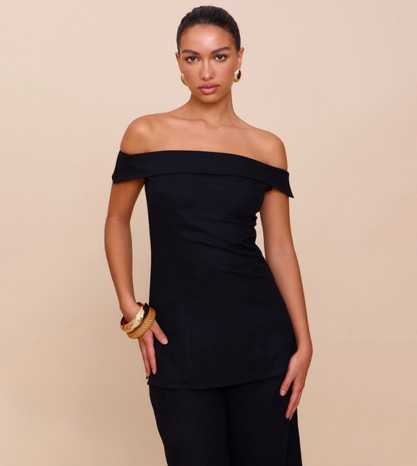 Textured Fold Over Bardot Top