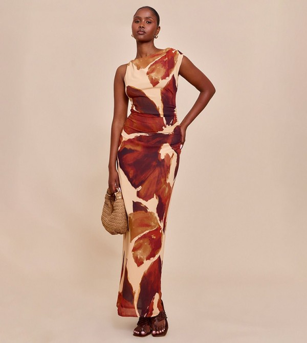 Floral Printed Floral Chiffon Ruched Maxi Dress