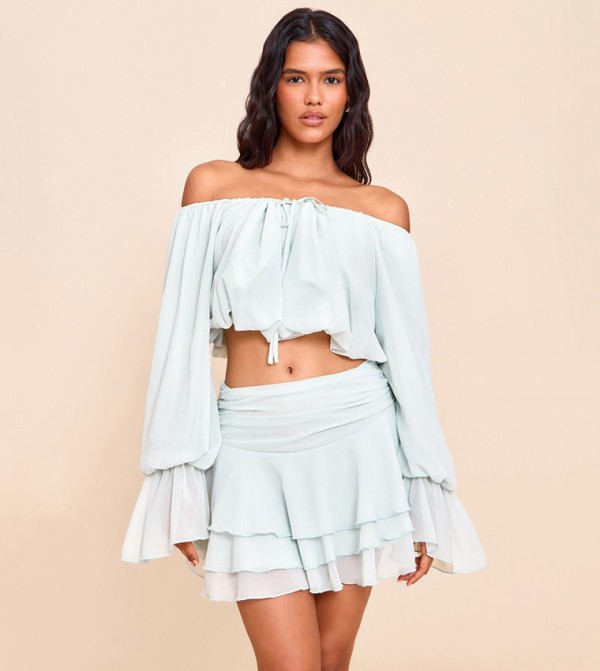 Chiffon Bardot Balloon Sleeves Crop Top