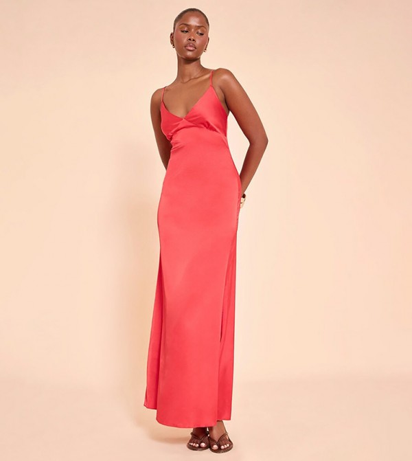 Solid Satin Strappy Maxi Dress