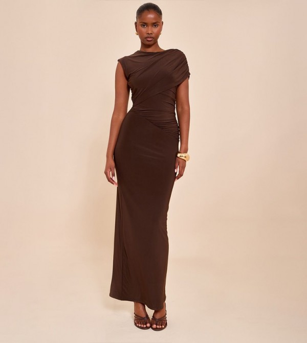 Double Layer Slinky Asymmetric Neck Drape Maxi Dress