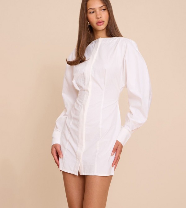 Button Down Boat Neck Cocoon Sleeves Bodycon Dress