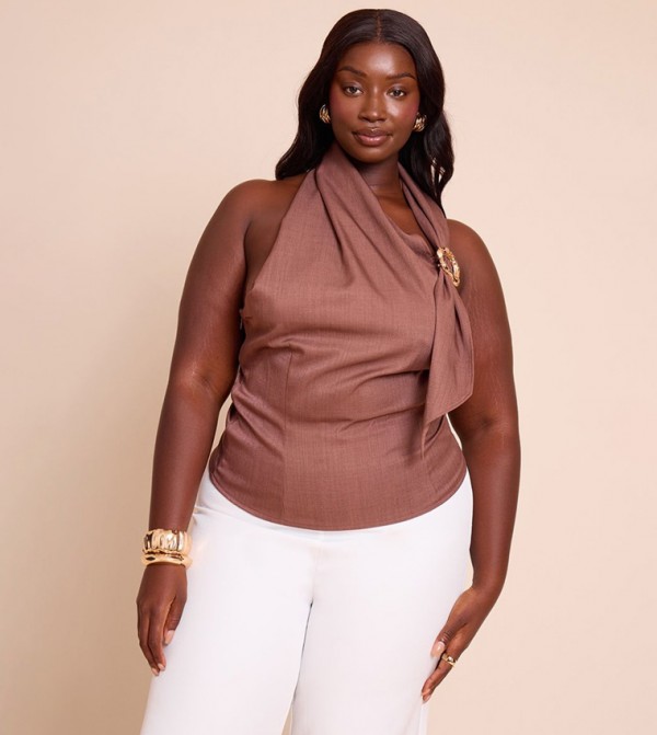 Curve Woven Trim Wrap Scarf Detail Longline Top