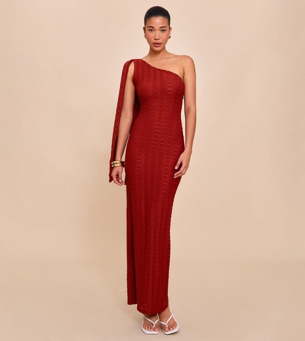Textured One Shoulder Drape Detail Maxi Dress