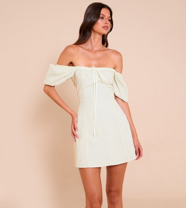 Broderie Puff Sleeves Mini A-Line Dress