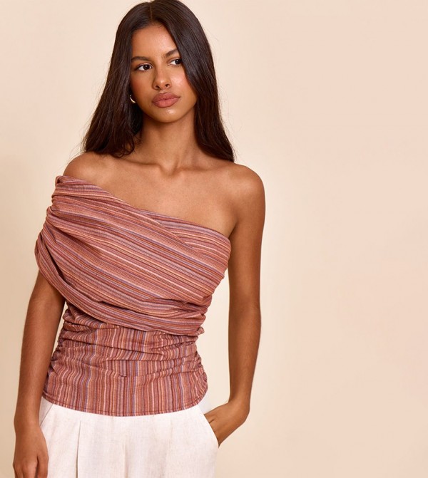 Petite Striped Ruched One Shoulder Top