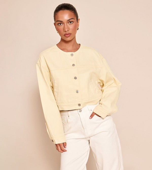 Collarless Cropped Denim Jacket
